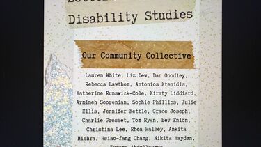 An image of the front cover of the Letter to Disability Studies which lists names of contributors