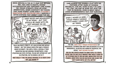 Page 6 – Rey’s Story Rey, a 71-year-old refugee, builds home through queer community and shared rules made collaboratively. The page stresses dignity and agency in safe housing.  Page 7 – Maz’s Story Maz, a care worker, finds home through mutual care with partners. The page celebrates interdependence, nontraditional households, and shared wellbeing.