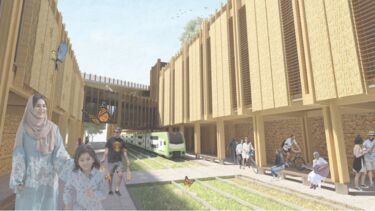 Courtyard with tram, walking, cycling 