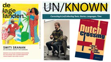 compilation of 4 images all related to the Beyond the national narrative project, including the cover of two journals, the logo of the ALCS conference and author De Jong