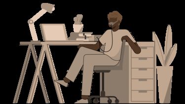 Animation of a man sat at a desk using a ventilator with a mask.  There is a laptop open on the desk and some books. 