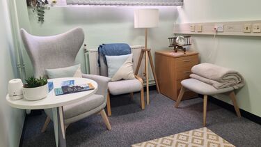 Cosy room with chairs, cushions, blankets and plants