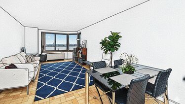 drawing of a living room with sofa and dining table and chairs 