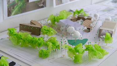 Smaller scale landscape model with trees and courtyard