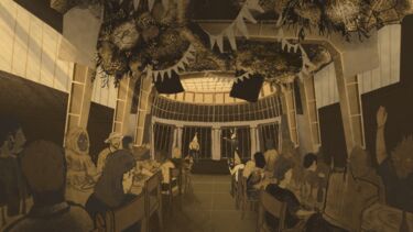 A sepia drawing of aseated crowd watching a stage performance