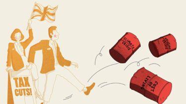 A cartoon of a man kicking three oil drums titled 'climate crisis', 'housing crisis' and 'cost of living' away from a woman holding a union jack flag behind a sign that says 'tax cuts'