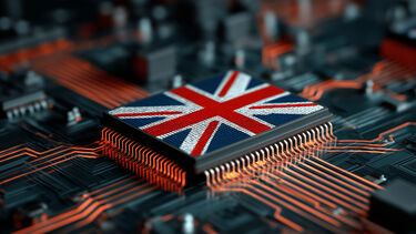 Image of a computer chip with a Union flag on it representing the UK AI strategy for science