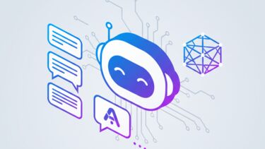 Graphic of an AI bot answering questions