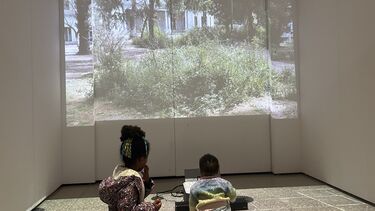 Two children sitting on the floor looking at a projection of a bush on a wall