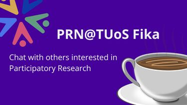 PRN logo and coffee cup with the text 'chat with others interested in participatory research '