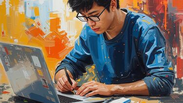 Painting of Student working at computer