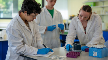 Students analysing water samples collected in the field using a pH meter.