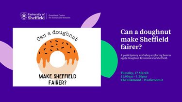 Illustration of a doughnut with the event title "Can a doughnut make Sheffield fairer?" written over top alongside the event details "Can a doughnut make Sheffield fairer?  A participatory workshop exploring how to apply Doughnut Economics to Sheffield.  Tuesday, 17 March  11:00am - 1:30pm The Diamond - Workroom 2"