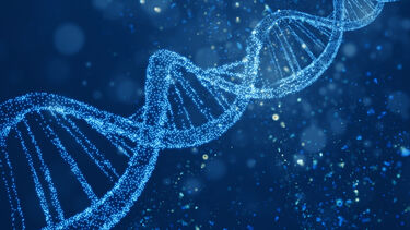 A glowing digital representation of a DNA double helix structure, composed of particles and light effects, symbolizing genetics, biotechnology, and molecular science.