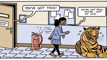 Cartoon illustration of a girl with a speech bubble saying "You're not real, you're just my OCD"