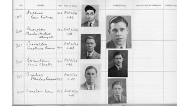 Pages from a yearbook, featuring photos of young men