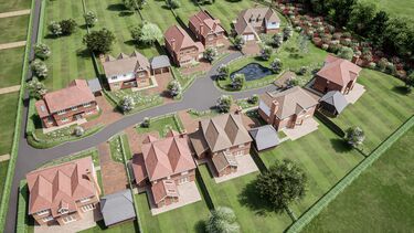 Computer generated image of new build housing with trees and a pond