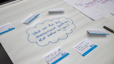 A flipchart with post-it notes on