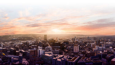 A view over Sheffield's skyline at sunset