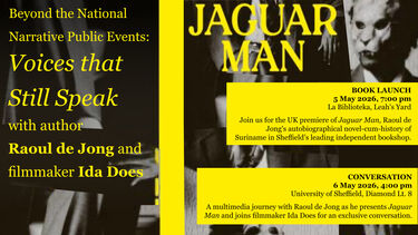 Announcement of two events: 5 may in La Biblioteka the book launch of Jaguar Man by Raould de Jong and 6 may a conversation between De Jong and filmmaker Ida Does