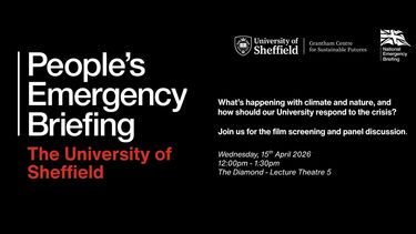 poster for the People's Emergency Briefing event at the University of Sheffield, featuring the event title and details written in white text on a plain black background