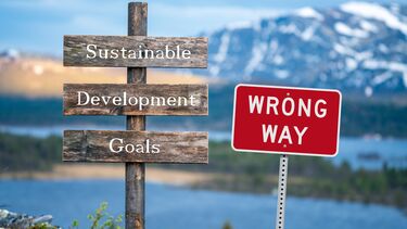 A wooden sign which reads "Sustainable Development Goals" and a 'wrong way' sign' in the foreground in front of a stunning landscape featuring a lake and a mountain.