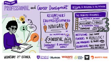 Nifty Fox illustration entitled  'Principle Three: Professional and Career Development’. Key themes include navigating a stressful work environment and employers being realistic about the development they can offer. 