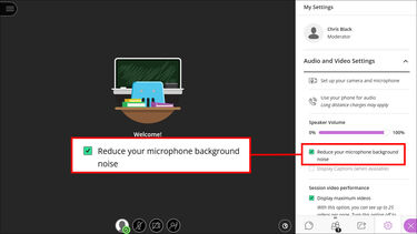 Session Settings panel with 'Reduce your microphone background nose' checkbox highlighted
