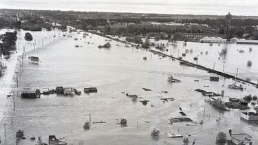 Aerial view of a flooded urban landscape