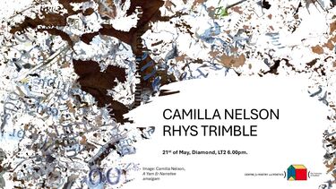 Graphic with text 'A Reading with Camilla Nelson and Rhys Trimble, Time: 21st of May 2026, 6pm  Diamond, LT2, University of Sheffield