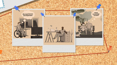 A corkboard with three pinned postcards with depictions of people using a ventilator. 