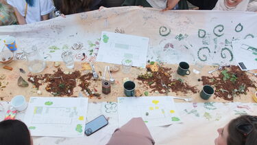 People sat at a long table with papers, mugs, loose soil and leaves on it