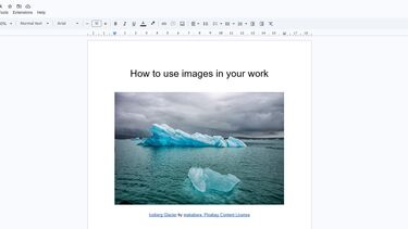 A screenshot of a Google Doc file with an image of an iceberg within it.