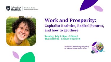 Poster for the event including a profile photo of the speaker, Simon Mair, the title of the event 'Work and Prosperity: Capitalist Realities, Radical Futures, and how to get there' and the event details 'Tuesday,  July 7 (5pm - 7:30pm) The Diamond - Lecture Theatre 6'