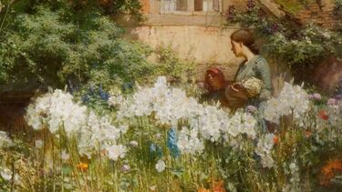 A painting of two women standing amongst flowers in a garden, one of them holding a baby
