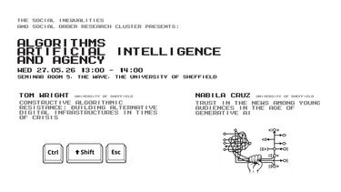 Black text in a digital style on a white background. Text shows titles, times and locations of the event.