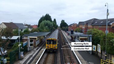 Train on a railway line with an explanation of where the running rails and conductor rails are
