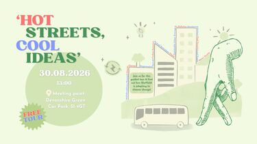 Poster for Hot Streets Cool Ideas, including event details next to an illustration of a city landscape with a large hand walking on two fingers down the street