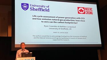 Engineer presenting in front of a large screen