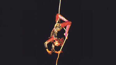 A photograph of Rebecca Truman performing trapeze moves
