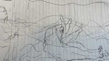A sketch from Cassie's research notebook, showing The Professors’ performance filming session in which Gabrielle became the mermaid.