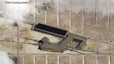 A drawing of a complex of buildings in a field from above