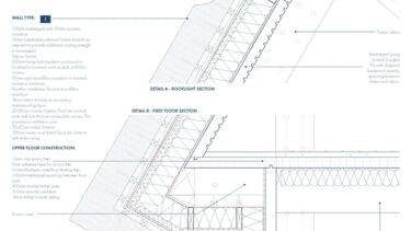 Annotated blueprints of walls and rooves in a building