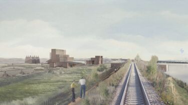 A painting of two people standing by a waterside railway line looking at brick buildings in the distance