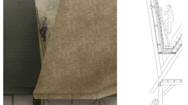 A drawing of a person climbing a ladder between sections of a roof of a building