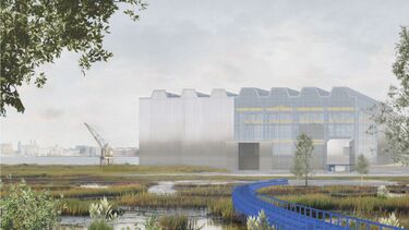 A painting of a blue trackway going towards a factory under construction over some marshland