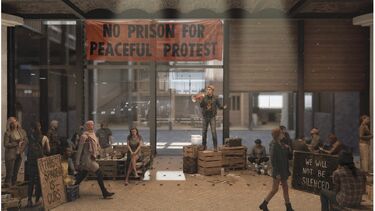 A painting of protesters performing a demonstration in a public walkway