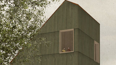 A rendering of a green clad building with gardens and people around it