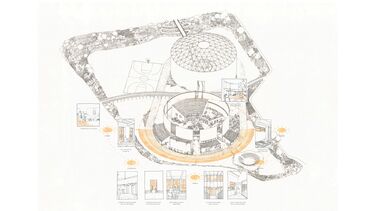An architetural drawing of an open circular building