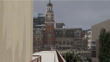 A rendering of a woman standing at the end of a long walkway looking up at a large red brick building